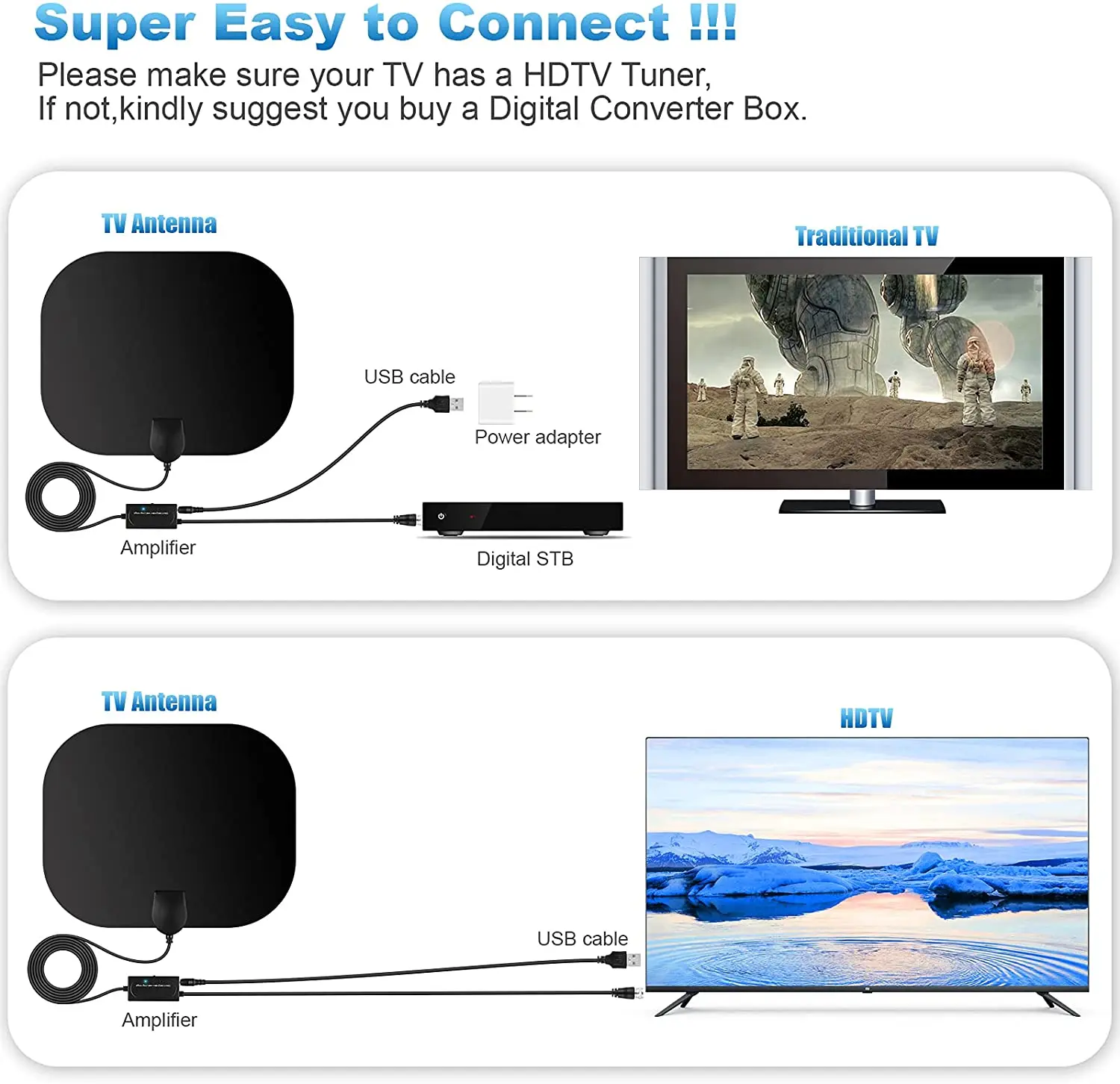 Indoor digital HD DVB-T2 TV antenna with switch regulator amplifier signal intensifier ground wave HDTV antenna