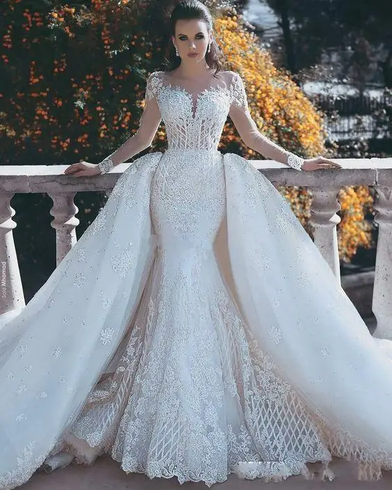 Vestido de novia Afrian de manga larga, hermoso vestido de novia con apliques de encaje, con cola desmontable