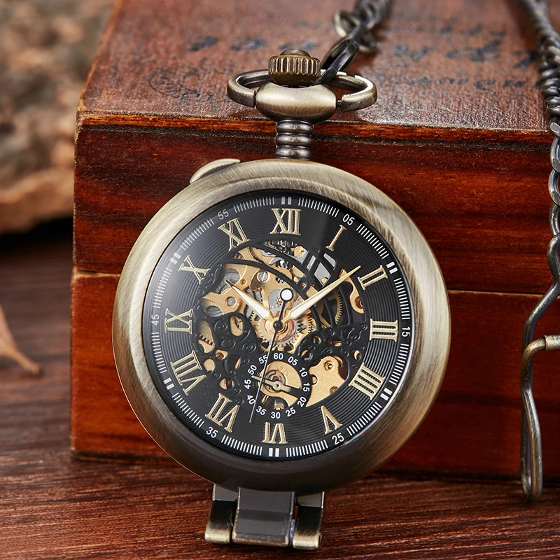 Stand on Table Mechanical Pocket Watch for Men Vintage Skeleton Roman Numeral Reloj Flip Fob Chain Pendant Mechanisch zakhorloge