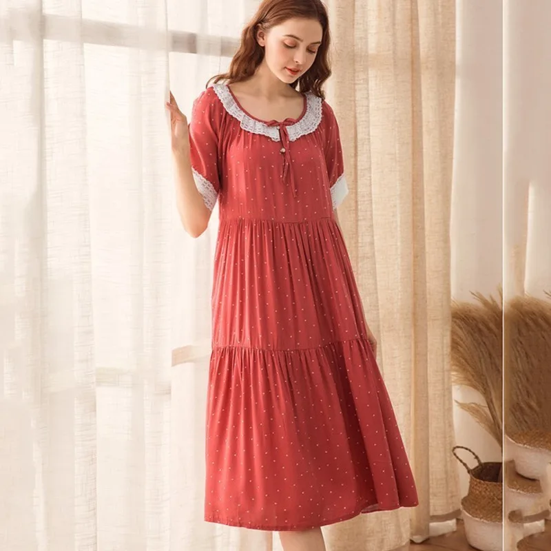 

New Nightdress Women Cotton Floral Lace O-Neck Short Sleeve Korean Style Nightgown Nighties Spring Homewear Sleepdress Sleepwear