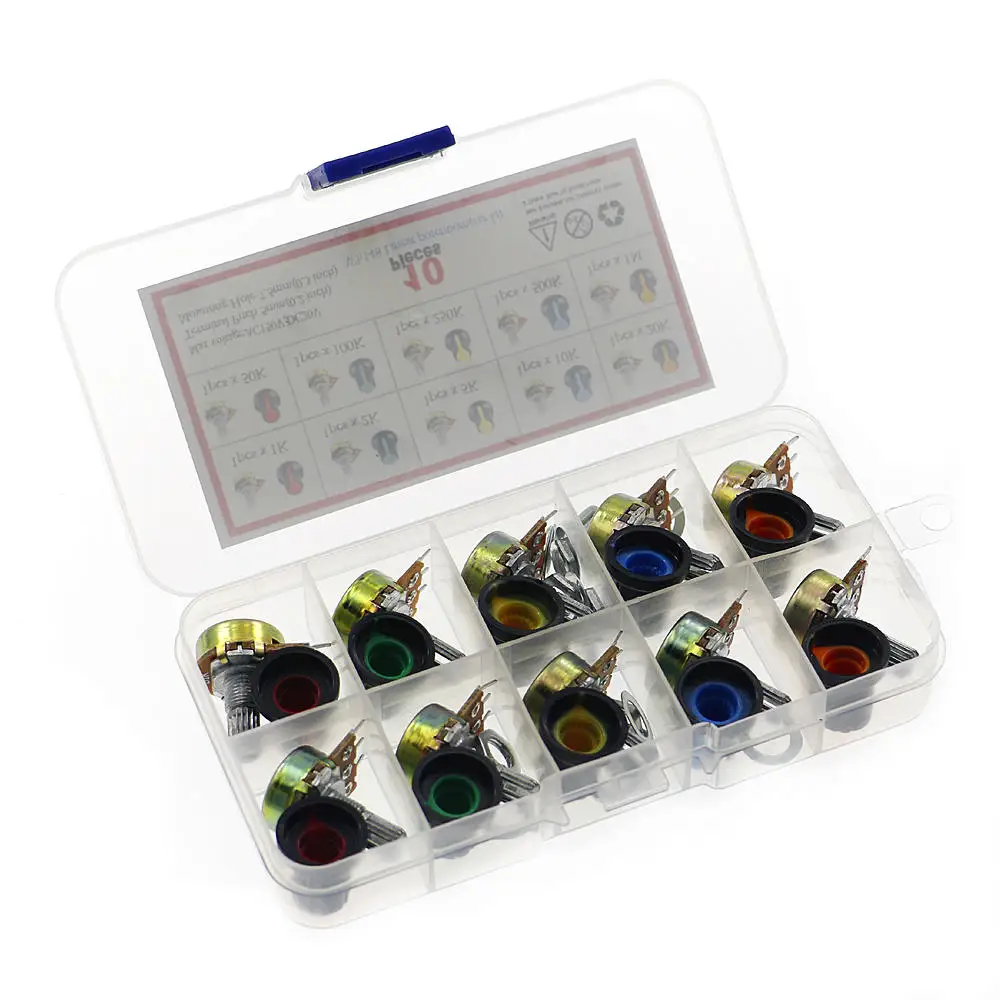 

10Pcs/Box WH148 Single Potentiometer Kit B1K/B2K/5K/10K/20K/50K/100K/500K/1M with knobs Single potentiometer set Shaft Nuts