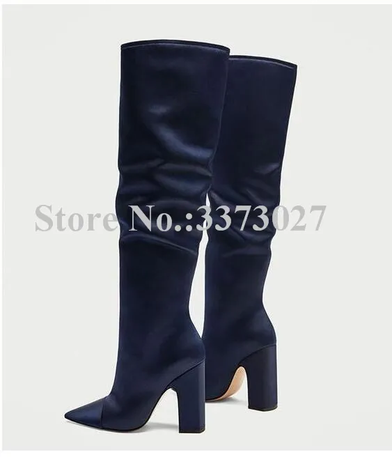 Lady Chunky Heel Pleated Long Boots Sexy Pointed Toe Over the Knee Boots Women Fashion Winter Boots Dropship Banquet Shoes