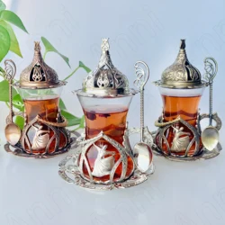 Tulip Hollow Metal Glass Turkish Coffee Cups Classical Court Coffee Mug Glass Cup with Sugar Dish Spoon Set Afternoon Tea Set