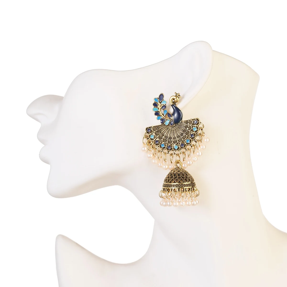 Vintage Antique Indian kapanie oleju paw Jhumki kolczyki damskie etniczne Boho Bollywood złoty kolor dzwony kolczyk