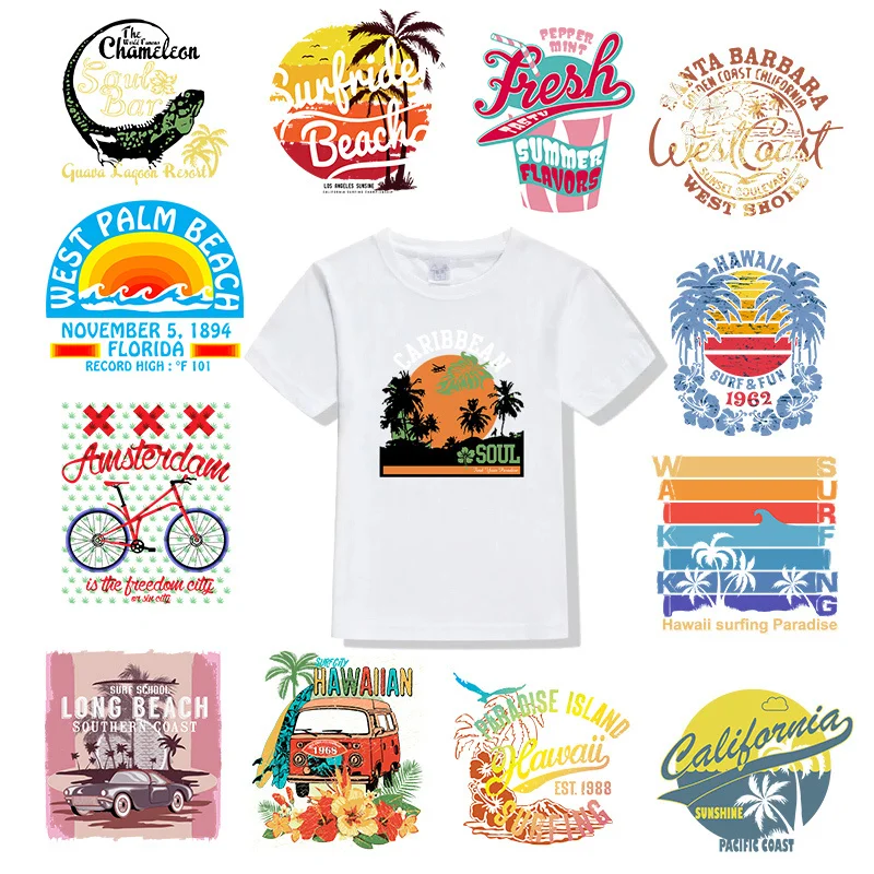 Summer Beach Coconut Tree Iron on Patches For DIY Heat Transfer Clothes T-shirt Thermal transfer stickers Decoration Printing