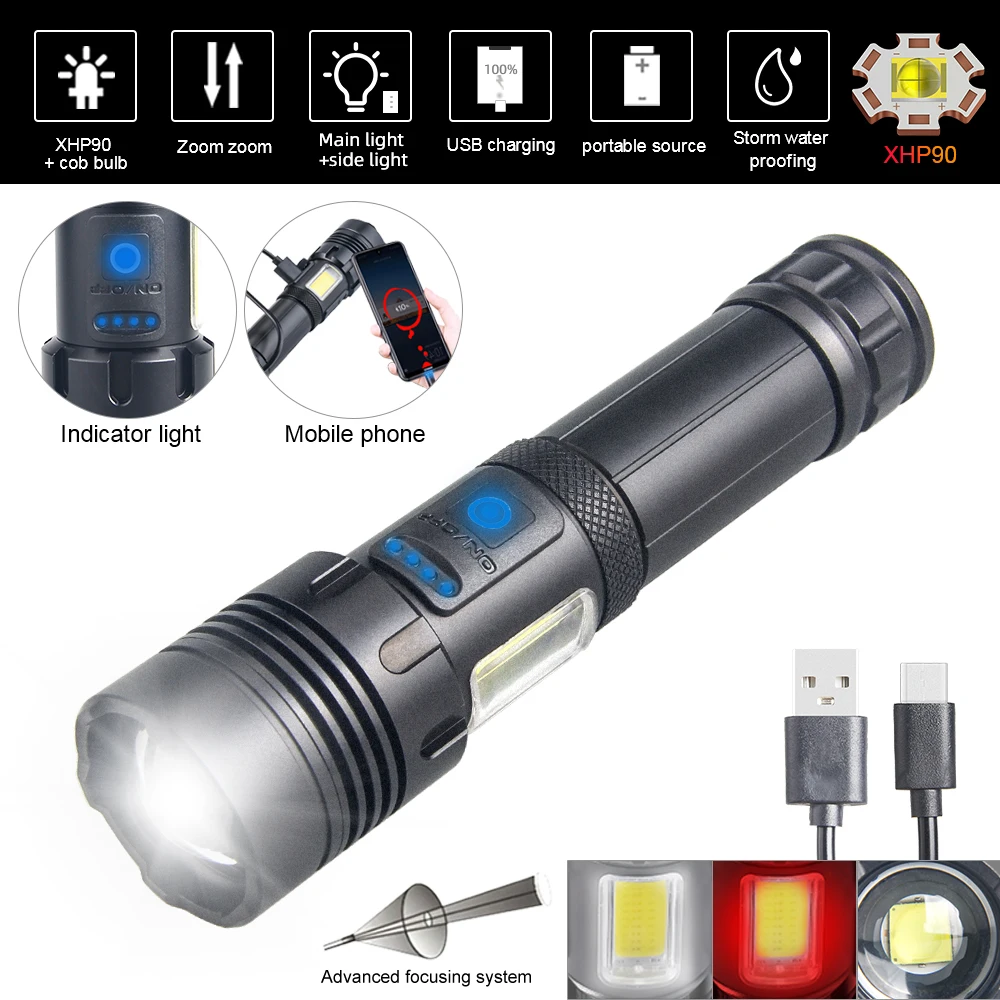 4500LM 4-Core XHP70.2+COD Zoommable Tactical White LED Flashlight Torch USB Recharging Flash Bright Light For 18650 Battery