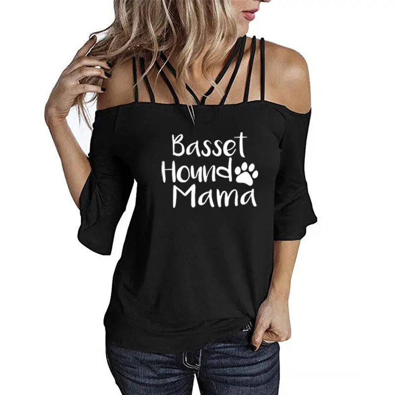 Summer Cotton Women T Shirt Basset Hound Mama Printed shoulder sling Tee Shirt Women Clothes Mujer