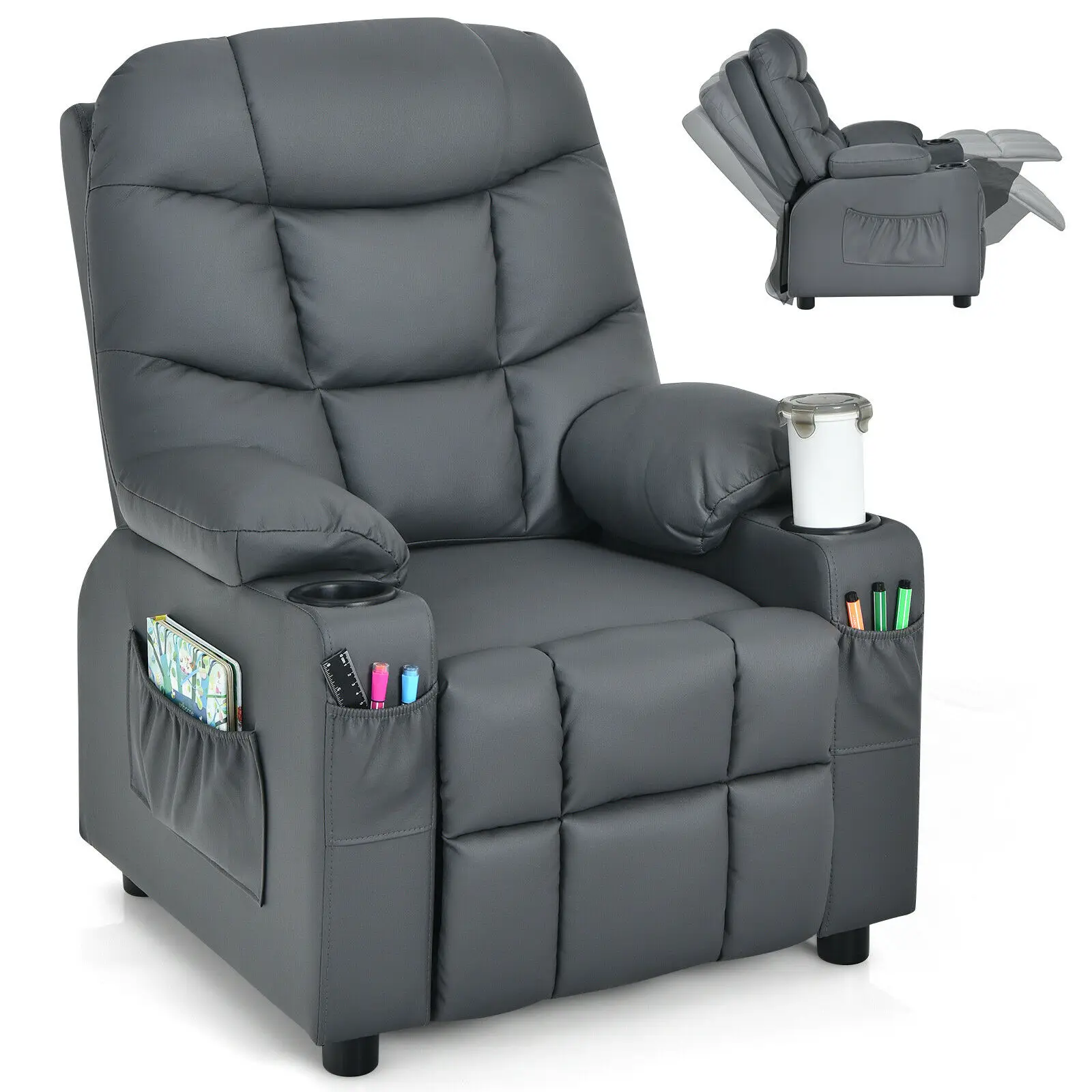 Honeyjoy Kids Youth Recliner Chair PU Leather w/Cup Holders & Side Pockets