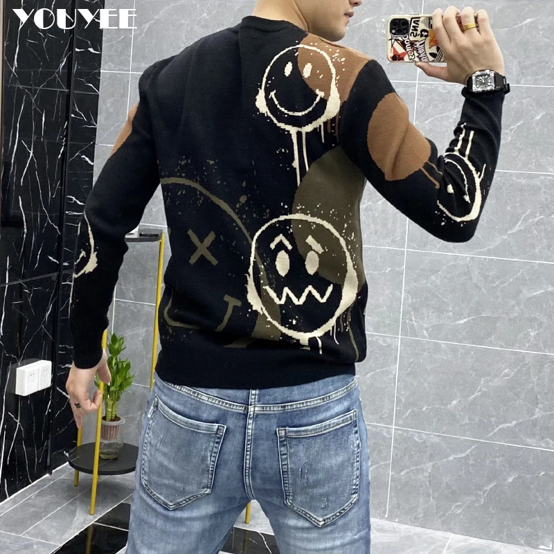 Men\'s Sweater Smiling Face Printing Youth Round Neck Thickened Warm 2021 Autumn Winter New Korean Men Clothing Blue Pullovers