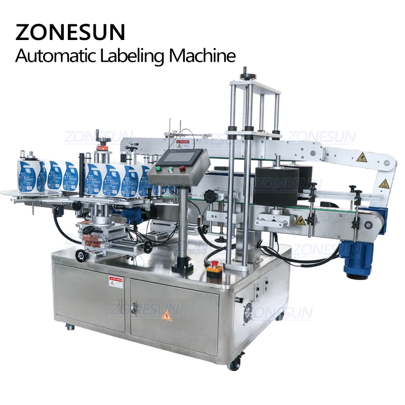 Zonesun-máquina de rotulagem automática de dupla face para lavanderia, líquido, higienização das mãos, garrafa, etiquetador