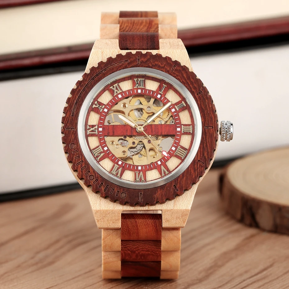 Men\'s Watch Wooden Watches Unique Automatic Business Mechanical Watch Wood Band Clock Skeleton Hollow Watch top Brand Luxury