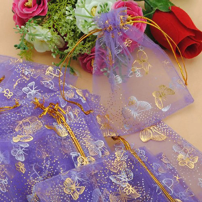 100pcs/lot 10x12cm Drawable Organza Bags Drawstring Bags Party Gift Bags Pouches Purple Butterfly Wedding Candy Jewelry Packing