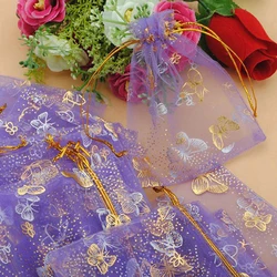 Sacs de proximité en organza, 10x12cm, 100 pièces/lot, sacs à ficelle de proximité, sacs-cadeaux de fête, pocommuniste violettes papillon, emballage de bijoux de bonbons de mariage