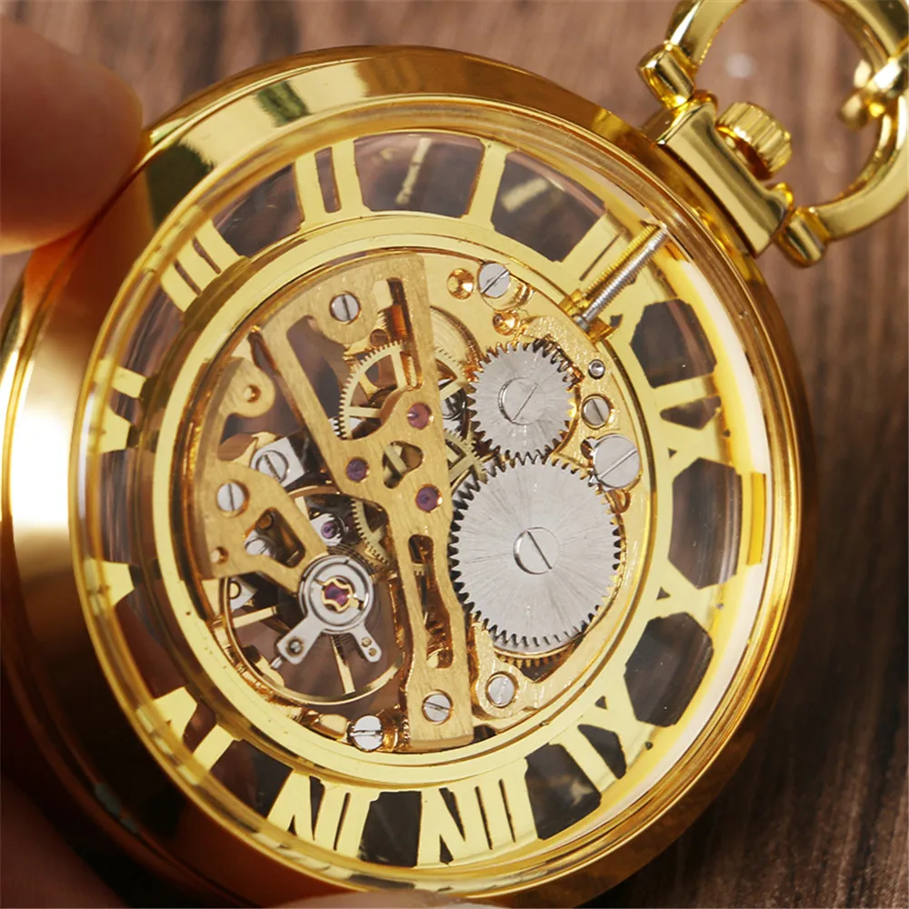 Transparent Skeleton Roman Numerals Mechanical Watch Men Open Face Fashion Vintage Elegant FOB Chain Hand Winding Pocket Watch