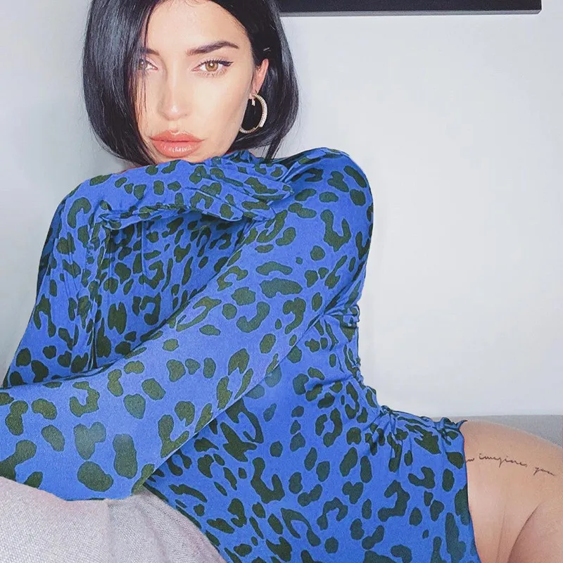 Bkld macacão feminino com gola alta estampa de leopardo, manga comprida com luvas, body feminino bodycon para outono 2019