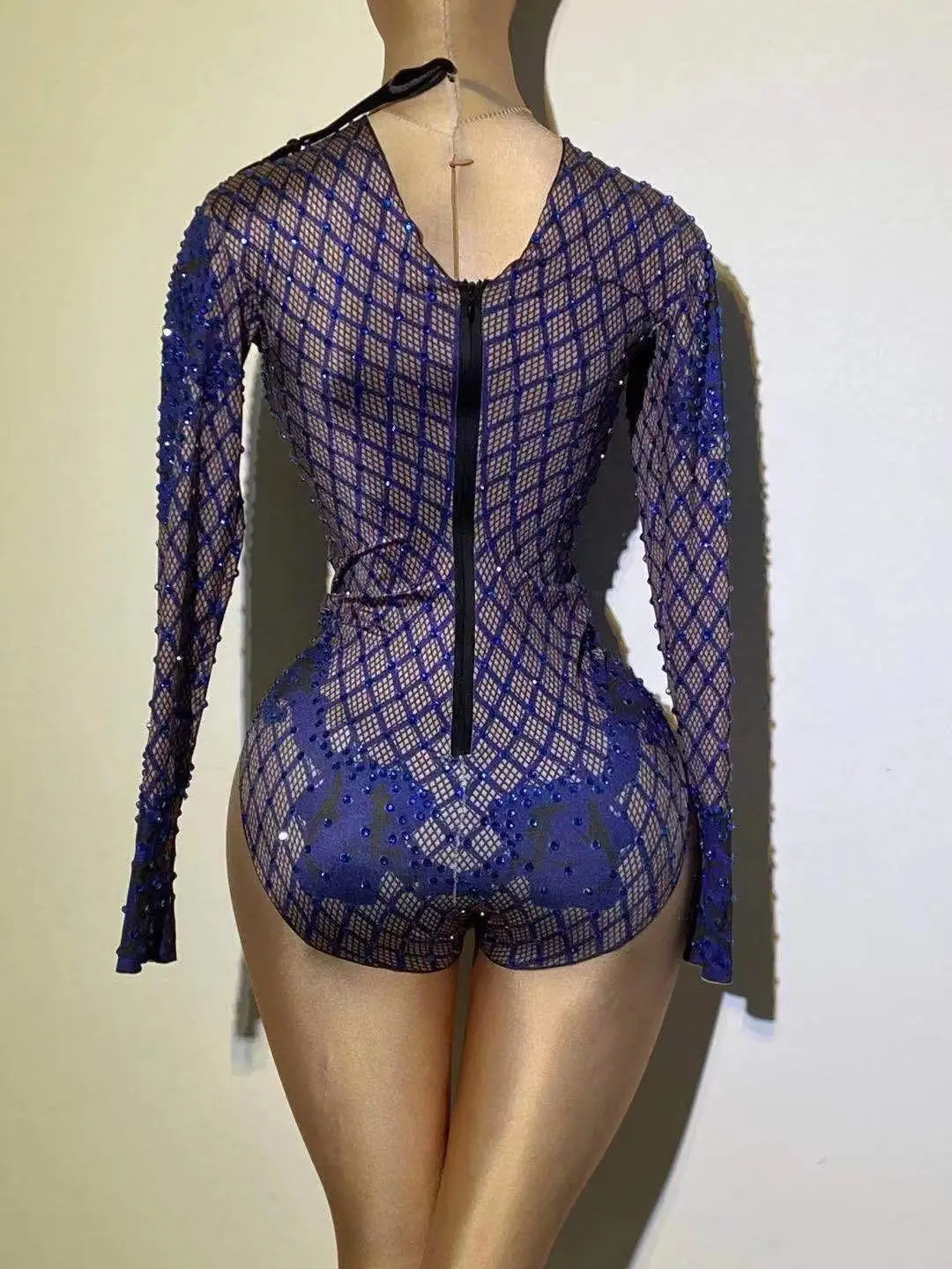 Azul impressão strass dançarino bodysuit feminino manga longa cristal macacão feminino clube mostrar menina estágio collant traje