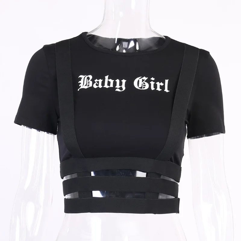 

Streetwear 2021 Punk Hollow Out Black T Shirt Harajuku Goth Letter Print Bodycon Short Sleeve Top Women Sexy Basic Crop Tops