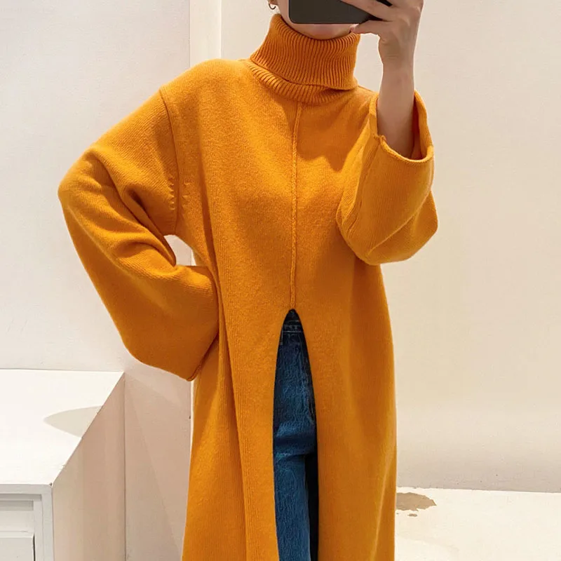 Autumn Winter Women Loose Design Split Mid-length Knitted Dress Korean Turtleneck Warm Pullovers Lady Solid All-match Sweaters