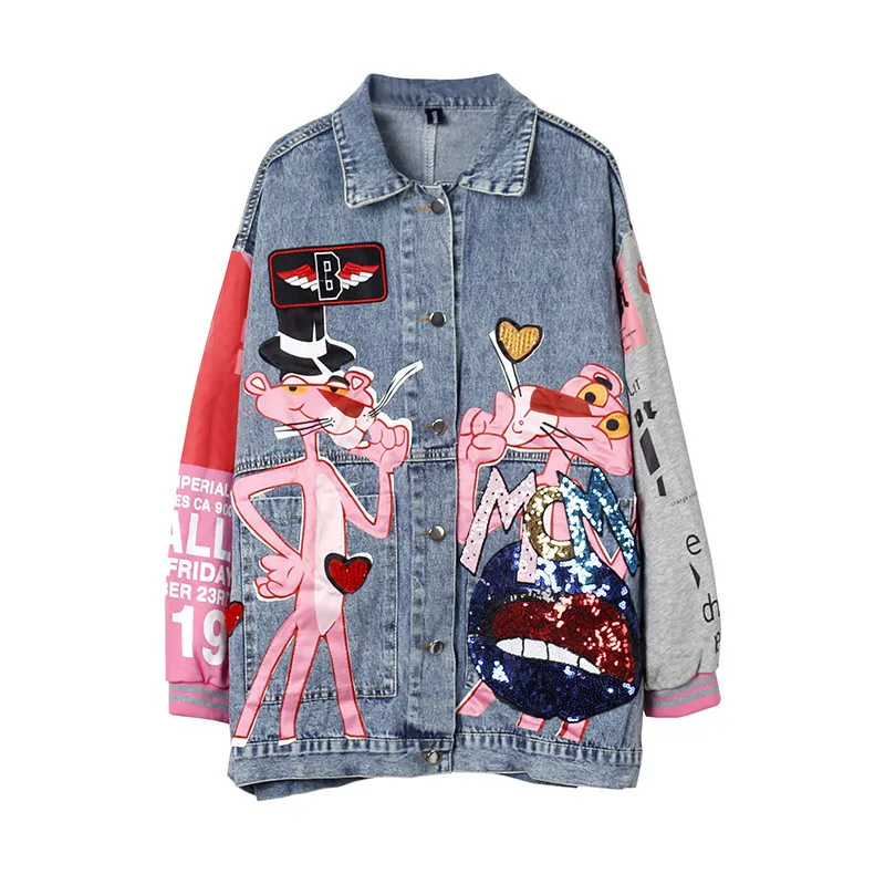 Spring Autumn Women Fashion Sequins Cartoon Leopard Denim Jackets Loose Lady Streetwear Coats Chic Outwear