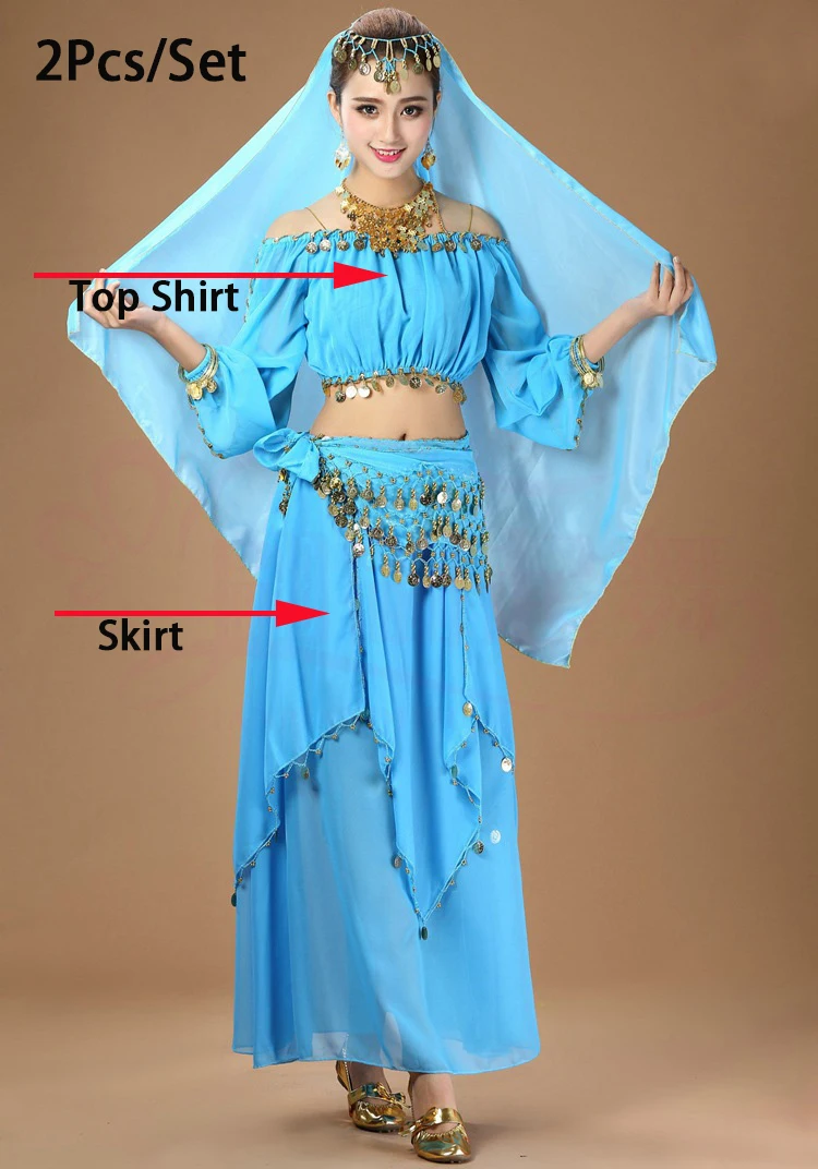 Adult Belly Dance Costume Set Chiffon Coin Long Sleeves Top And Skirt Indian Dance Wear Suit For Women Purple Dancing Clothes