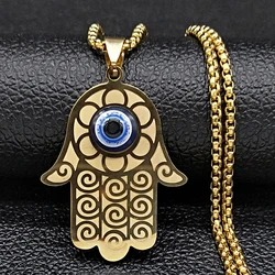 Blue Turkish Demon Eye Hamasa Hand Stainless Steel Hand of Fatima Necklace Women Men Necklace Jewelry collares mujer N1206S02
