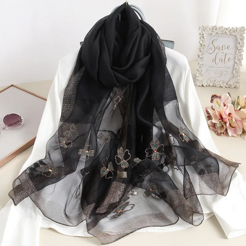 Summer Light Thin silk wool Scarf Female Long Shawl Women Sunscreen bandana Floral Embroidery Mori Girl 2022 scarves soft stoles