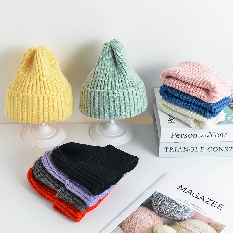 6 monate Bis 5 Jahre Baby Kinder Winter Warme Rippen Gestrickte Beanie Hut Neue Süße Solide Candy Farbe Kleinkinder Winddicht kappe