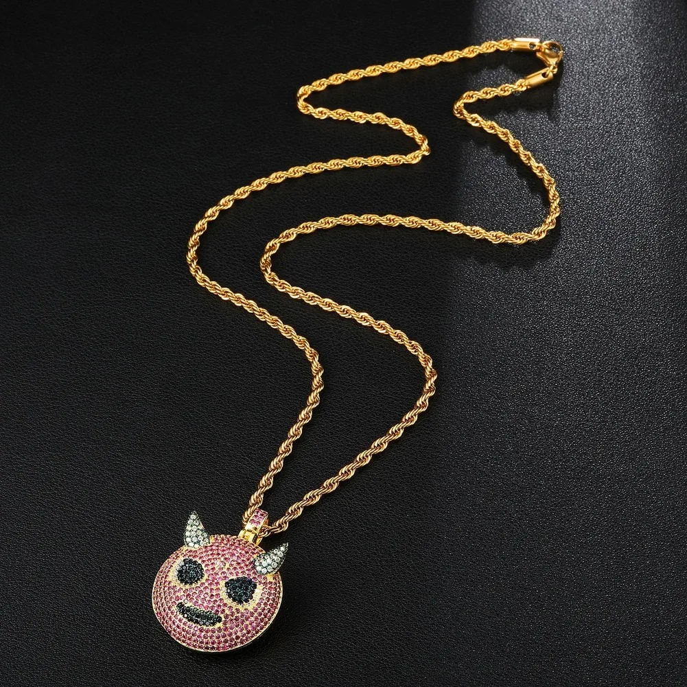 Ice Out Cubic AAA+ Zircon Little Devil Pendant Necklace Men with Rope Chain Hip Hop Gold Color Charm Jewelry for Men Women