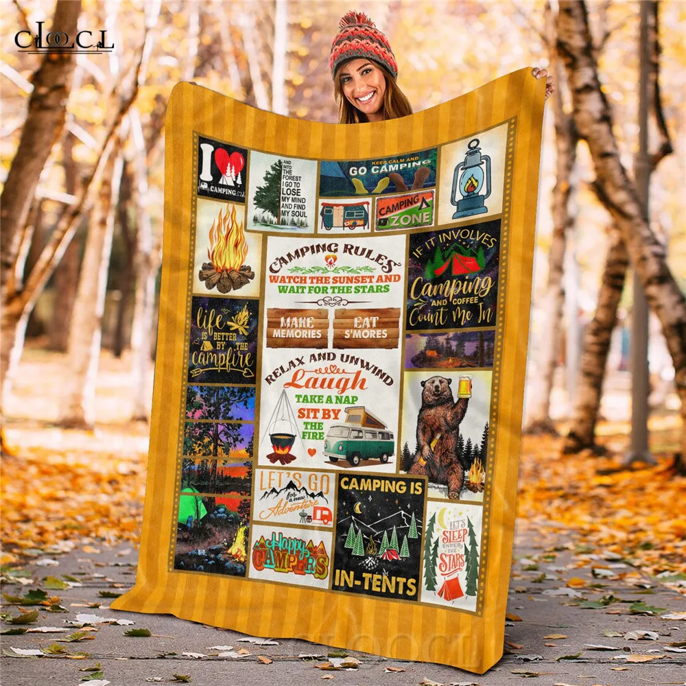 HX Camping Flannel Blankets 3D Graphic Camping Rules Seek Adventure Make Memories Keep Warm Plush Quilts