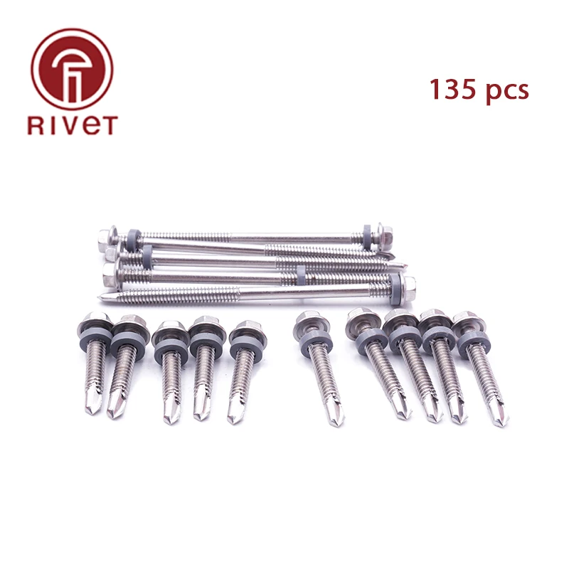 135 Pcs/Set Dovetail Screw 410 Stainless Steel Head Drilling Screws Hex Head Self Drilling Screws Cross Drill Tail Screws M5.5