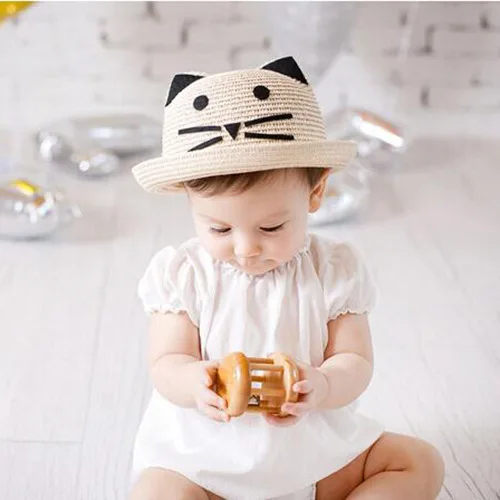 

H7419 Korean Children's Sunscreen Hat Kids Summer Cat Sunshade Straw Cap Baby Beach Outdoor Casual Sun Protection Sweet Caps