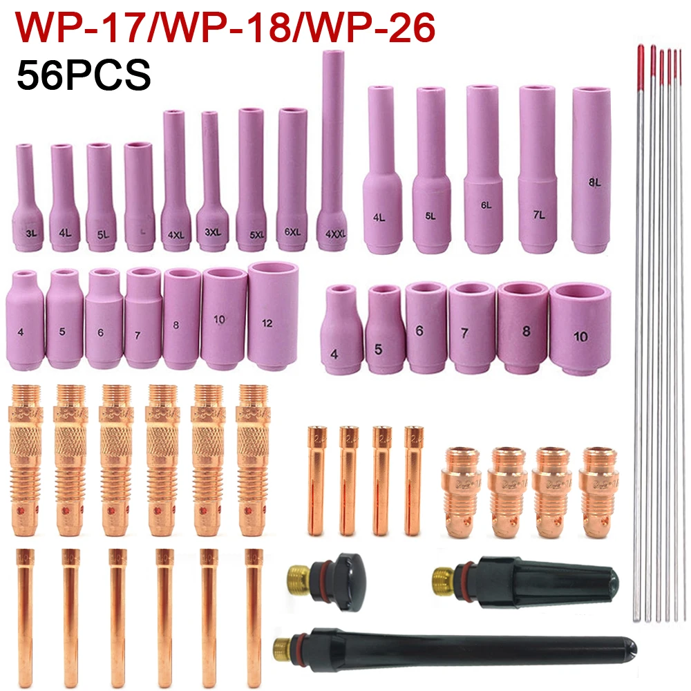 56Pcs Tig Welding Torch Kit Nozzle Collet Tips Tungsten Electrode Collet Body WT20 Tungsten Welding For Wp17 Wp18 Wp26