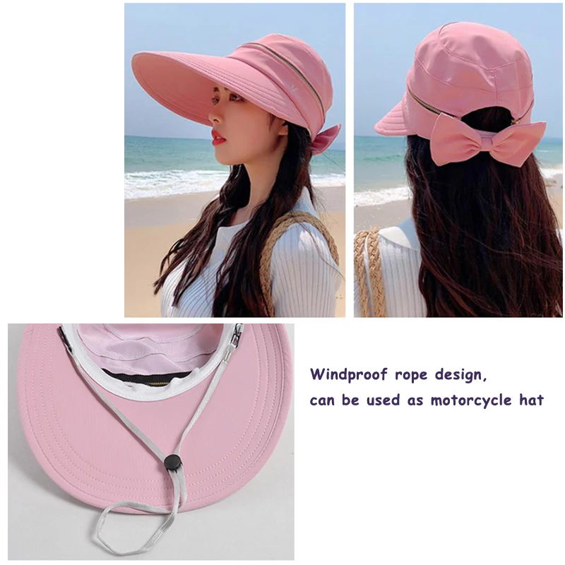 Summer Women Ponytail Empty Top Cap Wide Brim Anti-UV Bowknot Beach Hat Ladies Foldable Zipper Decoration Travel Sunscreen Caps