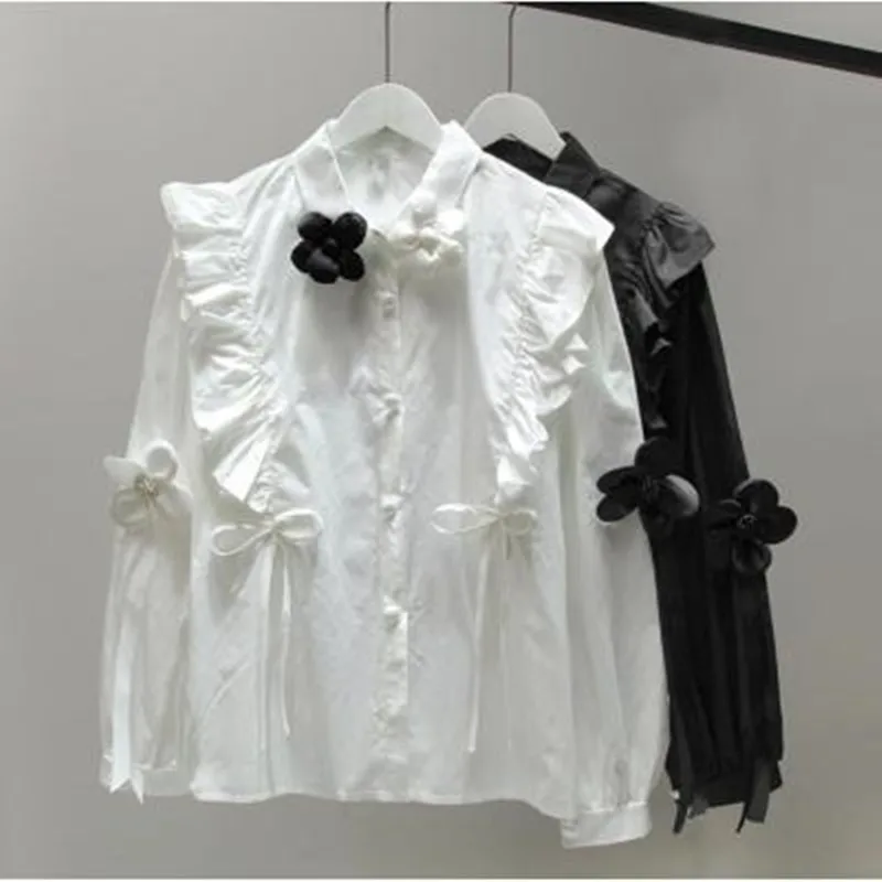 Nieuwe Mode Drie-Dimensionale Bloem Revers Losse Top Lente Vrouwen Single-Breasted Lange Mouwen Ruffle Blouse shirt