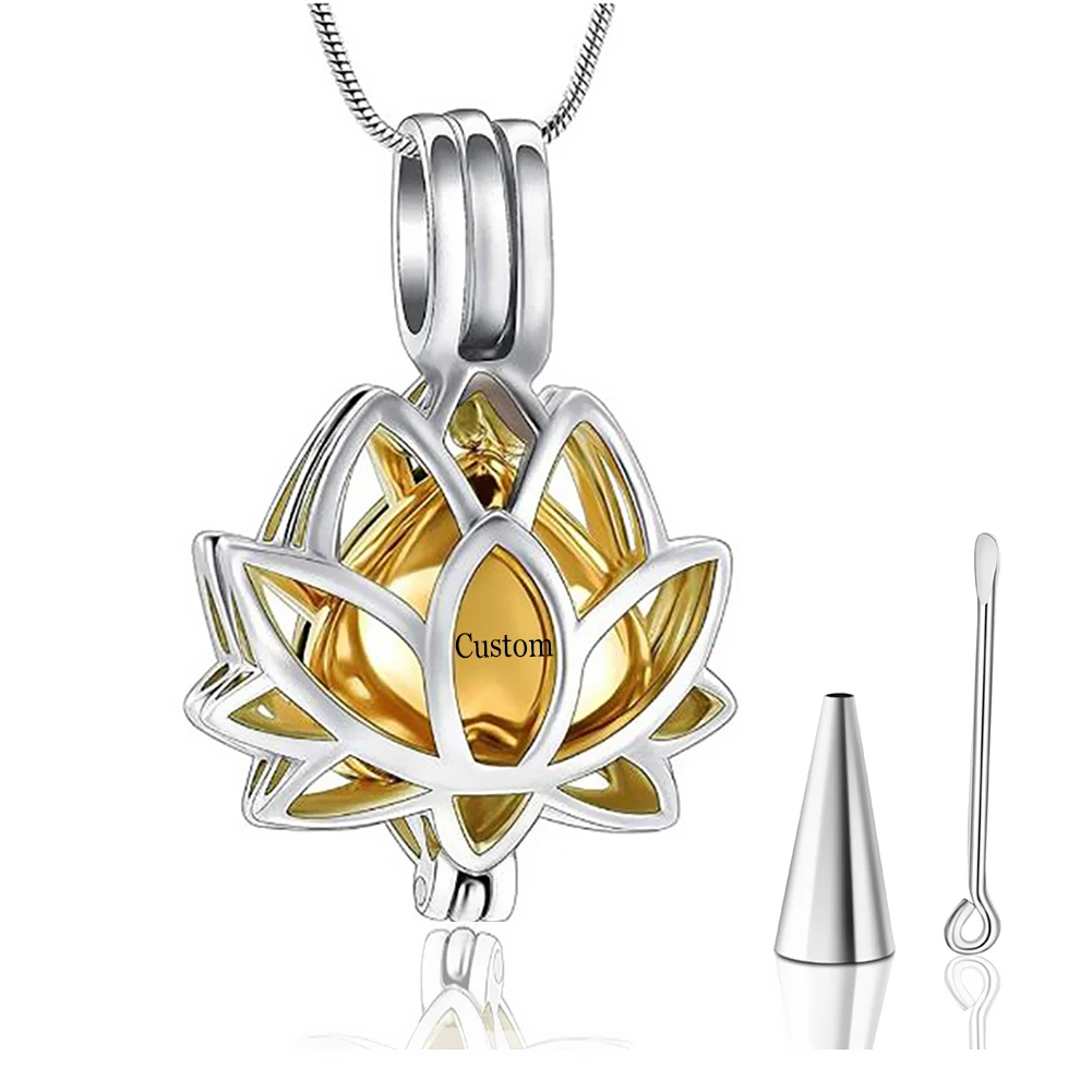 Stainless Steel Hollow Cremation Jewelry Ashes Urn Pendant Necklace Lotus Flower Shape Urn Cremation Jewelry for Ashes Dropship