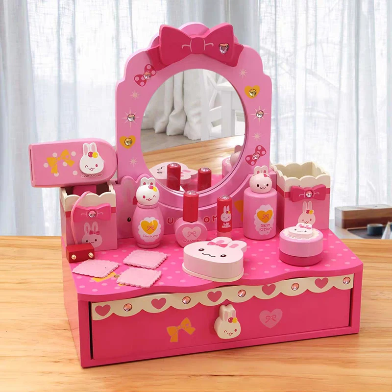 New Children\'s Simulation Wooden Dressing Table Girls Toys Play Makeup Set Cosmetic Table  Play House Girl  Toys For Kids Gift