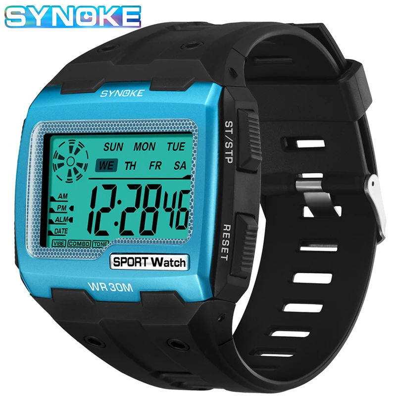 SYNOKE Mens Digital Watches Big Square Dial Alarm Week Resistant  Repeater Chronograph Multifunction Digital Sport Watch