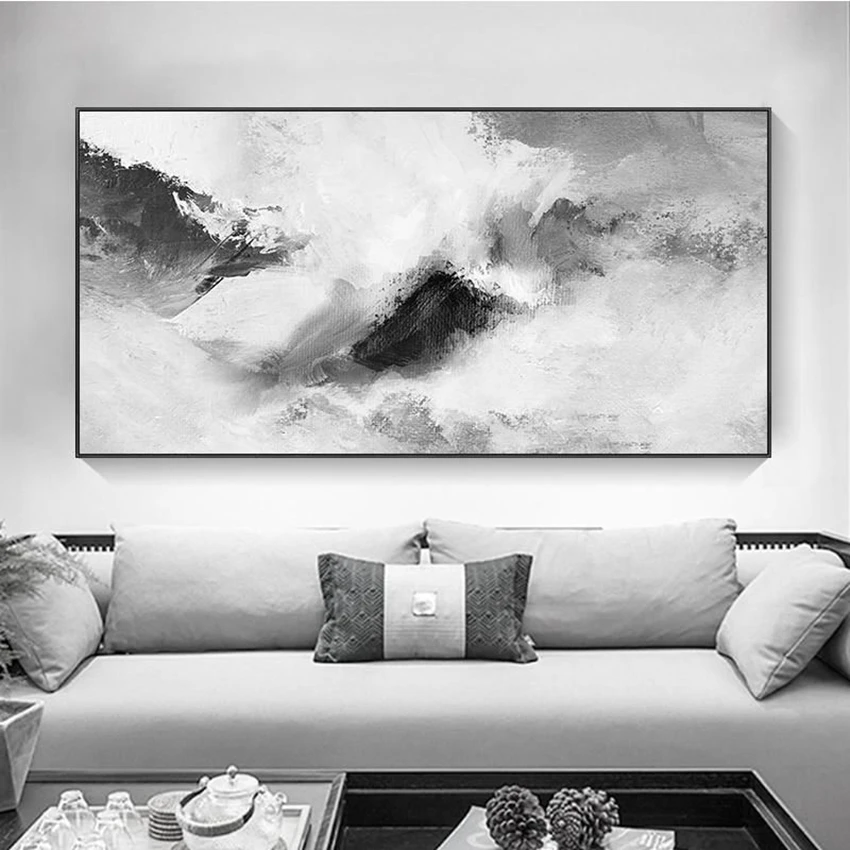Nordic Modern Simple Living Room Abstract Handmade Oil Painting Sofa Background Wall Bedroom Home Decoration Black-White Poster