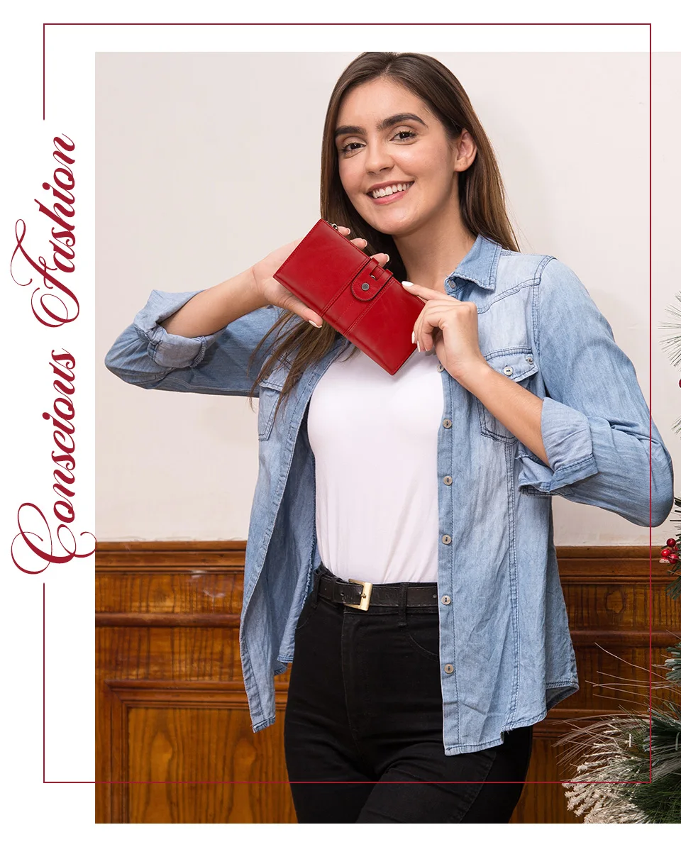 Lange Damen-Geldbörse aus echtem Leder, RFID-Trifold-Multi-Kreditkartenhalter, Schlitz mit Handytasche, luxuriöse Damen-Geldtasche – Detail 2