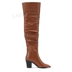 DOBANER Women Over Knee Boots Pointy Toe Genuine Leather Chunky Heels Sloutch Boots Pull On Ladies Shoes Woman Plus Size 43 45