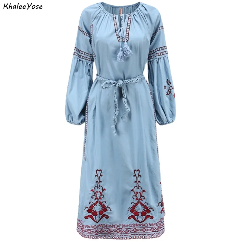 KHALEE YOSE Vintage Embroidery Midi Dress Spring Autumn Boho Women Dresses Tassels Beltted Ladies Holiday Female Chic Dress New