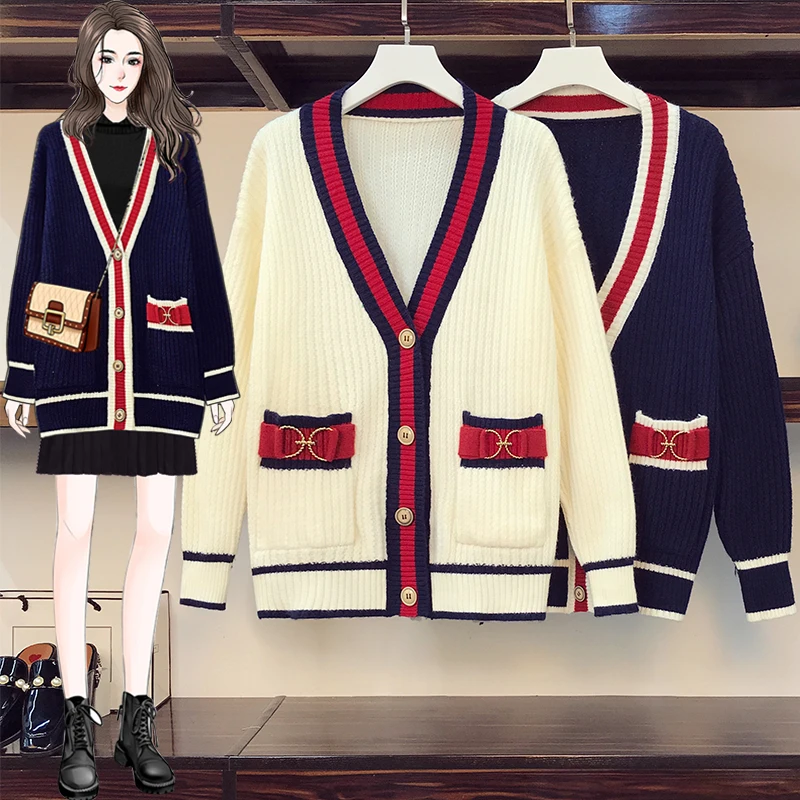 

Women Knit Cardigan Sweater V Neck Patchwork Cardigans Loose Sweaters Warm Knitwear Single Breasted Pocket 2021 Autumn Winter