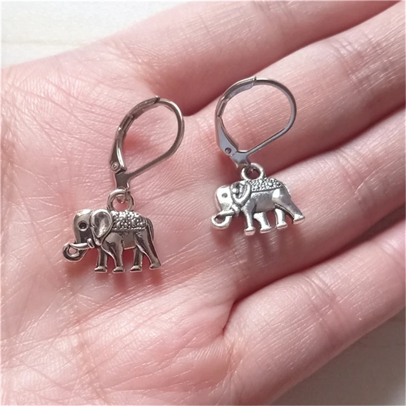 Antique Silver Color Elephant Leverback Earrings, Boho Leverback Earrings, Animal Leverback Earrings, Elephant Jewelry