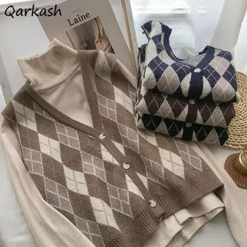 Ekose kazak yelek tek göğüslü v yaka kadın gevşek eşkenar dörtgen örgü bahar sonbahar tüm maç kolsuz kazak yeni moda