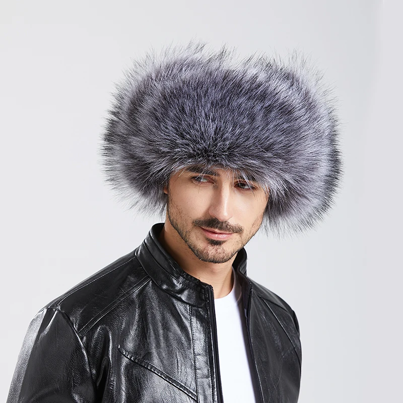 Men's cap-aviator, winter hat made of fox fur, warm ear bomb, artificial leather, fast delivery, discount