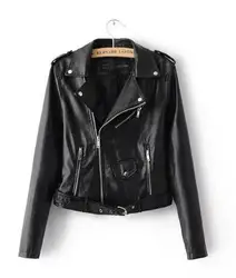 Spring and Autumn Women's Soft Pu Artificial Leather Slim Fit Short Design Flip Collar Motorcycle Jacket