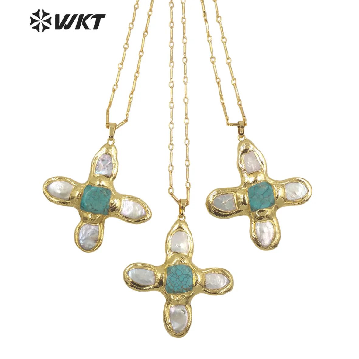 WT-JN169 Wholesale New Fashion Trendy Pearl Cross Shape Turquoises Pendant Necklace Gold Electroplated Necklace Green Stone