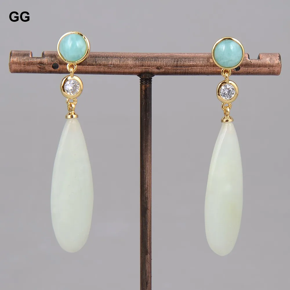 

GG Natural Green Jade Teardrop Crystal CZ Amazonite Stud Earrings Ethnic Style Lady Gift Jewelry