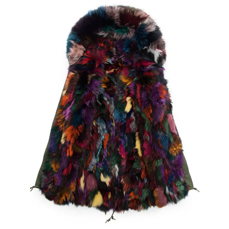 Colorful Fox Fur Parkas Long Style Fur Collar Hooded Mens Real Mulitcolor Fur Jacket Outwear Winter Wear S-4XL