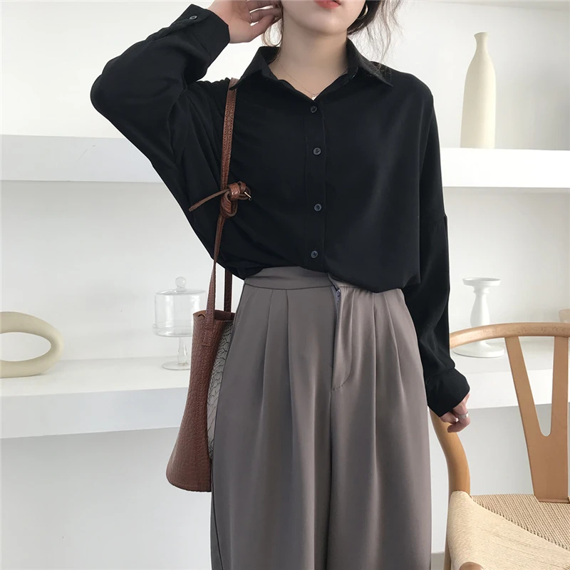 Women Solid Shirt Office Ladies Turn-down Collar Casual Tops And Shirts Summer Female Korean Long Sleeves Shirts Chic Blouses